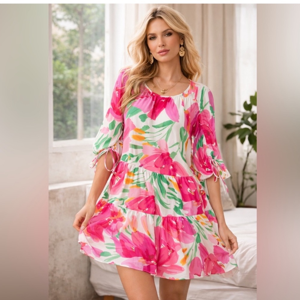 Bright Pink Floral Tiered Casual Dress with Green Accents - Women's - Picture 1 of 9